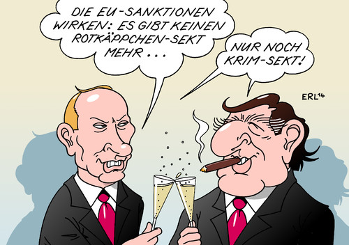 Cartoon: Schröder bei Putin (medium) by Erl tagged bundeskanzler,altbundeskanzler,gerhard,schröder,spd,geburtstag,70,siebzig,feier,russland,präsident,wladimir,putin,freund,ukraine,konflikt,annexion,krim,ostukraine,eu,usa,sanktionen,rotkäppchen,sekt,krimsekt,bundeskanzler,altbundeskanzler,gerhard,schröder,spd,geburtstag,70,siebzig,feier,russland,präsident,wladimir,putin,freund,ukraine,konflikt,annexion,krim,ostukraine,eu,usa,sanktionen,rotkäppchen,sekt,krimsekt