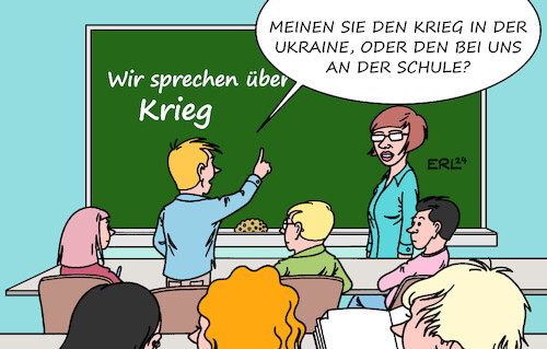 Cartoon: Schule und Krieg (medium) by Erl tagged politik,bildung,vorschlag,bildungsministerin,bettina,stark,watzinger,thema,krieg,schule,unterricht,ukraine,nahost,schülerinnen,schüler,aggression,anstieg,schulen,lehrerin,lehrer,karikatur,erl,politik,bildung,vorschlag,bildungsministerin,bettina,stark,watzinger,thema,krieg,schule,unterricht,ukraine,nahost,schülerinnen,schüler,aggression,anstieg,schulen,lehrerin,lehrer,karikatur,erl