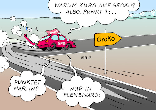 Cartoon: Schulz-Kurs (medium) by Erl tagged bundestagswahl,regierung,regierungsbildung,sondierung,groko,große,koalition,schwarz,rot,cdu,csu,spd,parteichef,vorsitzender,martin,schulz,empfehlung,werbung,aufnahme,koalitionsverhandlungen,skepsis,ablehnung,jusos,basis,kurs,wende,kurve,auto,fahren,punkte,flensburg,karikatur,erl,bundestagswahl,regierung,regierungsbildung,sondierung,groko,große,koalition,schwarz,rot,cdu,csu,spd,parteichef,vorsitzender,martin,schulz,empfehlung,werbung,aufnahme,koalitionsverhandlungen,skepsis,ablehnung,jusos,basis,kurs,wende,kurve,auto,fahren,punkte,flensburg,karikatur,erl