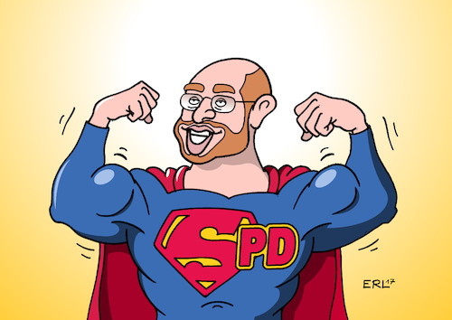 Cartoon: Schulzman (medium) by Erl tagged martin,schulz,spd,kanzlerkandidat,herausforderer,bundeskanzlerin,angela,merkel,cdu,umfragewerte,beliebtheit,aufwind,wechselstimmung,euphorie,superman,superheld,held,charisma,hoffnungstraeger,sympathietraeger,karikatur,erl,martin,schulz,spd,kanzlerkandidat,herausforderer,bundeskanzlerin,angela,merkel,cdu,umfragewerte,beliebtheit,aufwind,wechselstimmung,euphorie,superman,superheld,held,charisma,hoffnungstraeger,sympathietraeger,karikatur,erl