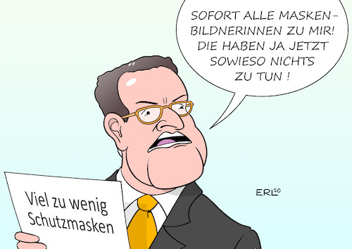 Cartoon: Schutzmasken (medium) by Erl tagged politik,corona,pandemie,covid19,virus,kontaktverbot,schutzmasken,mangel,gesundheitsminister,jens,spahn,maskenbildnerin,kultur,theater,karikatur,erl,politik,corona,pandemie,covid19,virus,kontaktverbot,schutzmasken,mangel,gesundheitsminister,jens,spahn,maskenbildnerin,kultur,theater,karikatur,erl