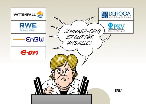 Cartoon: Schwarz-Gelb (medium) by Erl tagged schwarz,gelb,koalition,cdu,csu,fdp,bundestag,debatte,haushalt,klientelpolitik,energiekonzerne,atomkompromiss,hotel,steuersenkung,privat,krankenversicherung,merkel,rede,schwarz,gelb,koalition,cdu,csu,fdp,bundestag,debatte,haushalt,klientelpolitik,energiekonzerne,atomkraft,steuersenkung,privat,krankenversicherung,angela merkel,vattenfall,rwe,eon,angela,merkel