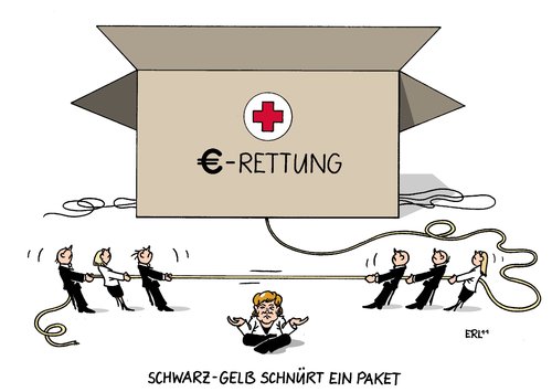 Cartoon: Schwarz-Gelb schnürt ein Paket (medium) by Erl tagged regierung,koalition,schwarz,gelb,cdu,csu,fdp,streit,euro,rettungsschirm,aufstockung,tauziehen,rettung,paket,bundeskanzlerin,angela,merkel,regierung,koalition,schwarz,gelb,cdu,csu,fdp,streit,euro,rettungsschirm,aufstockung