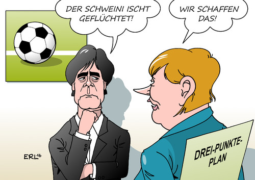 Cartoon: Schweinsteiger (medium) by Erl tagged sport,bastian,schweinsteiger,rücktritt,nationalmannschaft,fußball,bundestrainer,joachim,jogi,löw,aufmunterung,zuversicht,bundeskanzlerin,angela,merkel,pressekonferenz,terror,anschläge,flüchtlinge,wir,schaffen,das,drei,neun,punkte,plan,karikatur,erl,sport,bastian,schweinsteiger,rücktritt,nationalmannschaft,fußball,bundestrainer,joachim,jogi,löw,aufmunterung,zuversicht,bundeskanzlerin,angela,merkel,pressekonferenz,terror,anschläge,flüchtlinge,wir,schaffen,das,drei,neun,punkte,plan,karikatur,erl