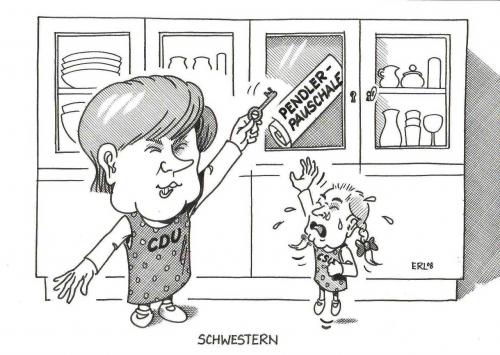 Cartoon: Schwestern (medium) by Erl tagged cdu,csu,pendlerpauschale,cdu,csu,pendlerpauschale,heulen,angela,merkel,schwestern,küche,schlüssel,schürze,hüpfen,zopf,baby,kind,jugend,teller,globalisierung,angela merkel