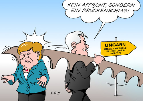 Cartoon: Seehofer Ungarn (medium) by Erl tagged horst,seehofer,csu,besuch,ungarn,viktor,orban,affront,bundeskanzlerin,angela,merkel,cdu,bundesregierung,flüchtlingspolitik,flüchtlinge,schlag,brückenschlag,karikatur,erl,horst,seehofer,csu,besuch,ungarn,viktor,orban,affront,bundeskanzlerin,angela,merkel,cdu,bundesregierung,flüchtlingspolitik,flüchtlinge,schlag,brückenschlag,karikatur,erl