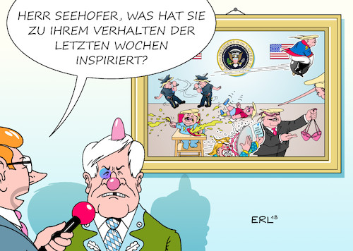 Cartoon: Seehofers Inspiration (medium) by Erl tagged politik,deutschland,streit,flüchtlingspolitik,asylmasterplan,innenminister,horst,seehofer,csu,flüchtlinge,grenze,zurückweisung,national,alleingang,bundeskanzlerin,merkel,cdu,eu,recht,europa,gemeinsam,treffen,gipfel,krisensitzung,rücktritt,verwirrung,fake,news,rechtspopulismus,inspiration,vorbild,donald,trump,präsident,usa,karikatur,erl,politik,deutschland,streit,flüchtlingspolitik,asylmasterplan,innenminister,horst,seehofer,csu,flüchtlinge,grenze,zurückweisung,national,alleingang,bundeskanzlerin,merkel,cdu,eu,recht,europa,gemeinsam,treffen,gipfel,krisensitzung,rücktritt,verwirrung,fake,news,rechtspopulismus,inspiration,vorbild,donald,trump,präsident,usa,karikatur,erl