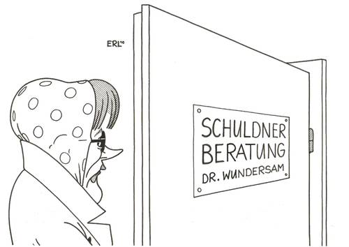 Cartoon: sein schwerster Fall (medium) by Erl tagged schulden,rekordschulden,rekord,geld,finanzen,schwarzgelb,angela merkel,cdu,csu,fdp,schuldner,schuldnerberatung,wundersame,geldvermehrung,beratung,angela,merkel