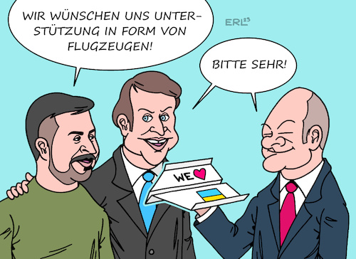 Cartoon: Selenskyj Macron Scholz (medium) by Erl tagged politik,krieg,angriff,überfall,russland,ukraine,präsident,wolodymyr,selenskyj,besuch,paris,treffen,emmanuel,macron,frankreich,bundeskanzler,olaf,scholz,deutschland,bitte,waffen,flugzeuge,kampfflugzeuge,reaktion,zurückhaltung,papierflugzeug,unterstützung,karikatur,erl,politik,krieg,angriff,überfall,russland,ukraine,präsident,wolodymyr,selenskyj,besuch,paris,treffen,emmanuel,macron,frankreich,bundeskanzler,olaf,scholz,deutschland,bitte,waffen,flugzeuge,kampfflugzeuge,reaktion,zurückhaltung,papierflugzeug,unterstützung,karikatur,erl