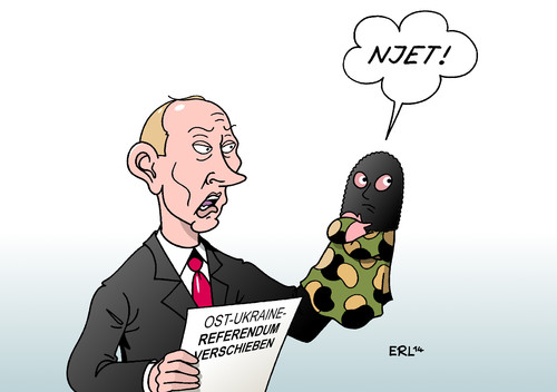 Cartoon: Separatisten (medium) by Erl tagged ukraine,konflikt,bürgerkrieg,kiew,separatisten,ostukraine,referendum,unabhängigkeit,russland,putin,verschiebung,nein,njet,handpuppe,selbstständigkeit,ukraine,konflikt,bürgerkrieg,kiew,separatisten,ostukraine,referendum,unabhängigkeit,russland,putin,verschiebung,nein,njet,handpuppe,selbstständigkeit