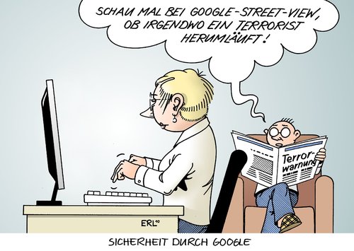 Cartoon: Sicherheit durch Google (medium) by Erl tagged google,street,view,deutschland,start,terror,terrorwarnung,überwachung,datenschutz,google street view,google,internet,datenschutz,angela,merkel,street,view,terrorwarnung,überwachung,terror,deutschland,terrorismus,sicherheit