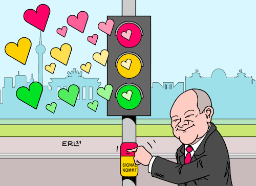 Cartoon: Signal kommt (medium) by Erl tagged politik,wahl,bundestagswahl,2021,kanzlerkandidat,spd,olaf,scholz,sieg,wahlsieg,regierungsauftrag,koalition,favorit,ampel,rot,gelb,grün,fdp,grüne,drücken,signal,kommt,karikatur,erl,politik,wahl,bundestagswahl,2021,kanzlerkandidat,spd,olaf,scholz,sieg,wahlsieg,regierungsauftrag,koalition,favorit,ampel,rot,gelb,grün,fdp,grüne,drücken,signal,kommt,karikatur,erl