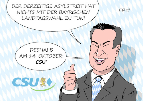 Cartoon: Söder (medium) by Erl tagged politik,deutschland,streit,flüchtlingspolitik,asylmasterplan,flüchtlinge,grenze,innenminister,horst,seehofer,national,alleingang,bundeskanzlerin,merkel,cdu,eu,recht,gemeinsam,treffen,frankreich,präsident,macron,mehr,europa,ideen,csu,markus,söder,ministerpräsident,bayern,landtagswahl,oktober,angst,afd,wähler,karikatur,erl,politik,deutschland,streit,flüchtlingspolitik,asylmasterplan,flüchtlinge,grenze,innenminister,horst,seehofer,national,alleingang,bundeskanzlerin,merkel,cdu,eu,recht,gemeinsam,treffen,frankreich,präsident,macron,mehr,europa,ideen,csu,markus,söder,ministerpräsident,bayern,landtagswahl,oktober,angst,afd,wähler,karikatur,erl