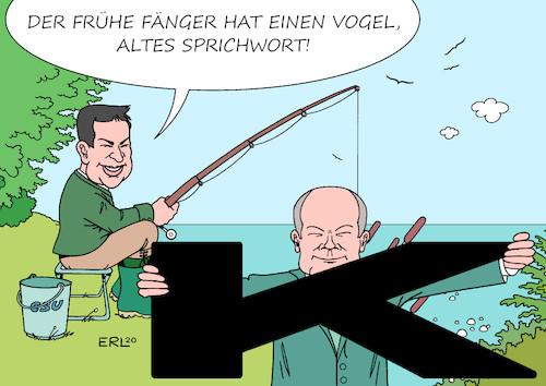 Cartoon: Söder Scholz (medium) by Erl tagged politik,partei,spd,frage,kanzlerkandidat,olaf,scholz,kritik,union,cdu,csu,markus,söder,zeitpunkt,ambitionen,stimmenfang,wähler,anglerlatein,karikatur,erl,politik,partei,spd,frage,kanzlerkandidat,olaf,scholz,kritik,union,cdu,csu,markus,söder,zeitpunkt,ambitionen,stimmenfang,wähler,anglerlatein,karikatur,erl