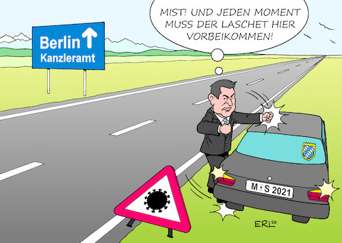 Cartoon: Söders Coronapanne (medium) by Erl tagged politik,corona,virus,pandemie,krisenmanager,markus,söder,ministerpräsident,csu,bayern,panne,coronatests,urlaub,rückkehrer,ergebnisse,verzögerung,infizierte,unwissend,ambitionen,kanzleramt,kanzlerkandidat,union,konkurrenz,laschet,cdu,nrw,karikatur,erl,politik,corona,virus,pandemie,krisenmanager,markus,söder,ministerpräsident,csu,bayern,panne,coronatests,urlaub,rückkehrer,ergebnisse,verzögerung,infizierte,unwissend,dämpfer,ambitionen,kanzleramt,berlin,kanzlerkandidat,union,konkurrenz,armin,laschet,cdu,nrw,merz,röttgen,spahn