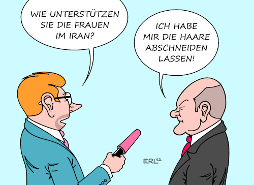 Cartoon: Solidarität (medium) by Erl tagged politik,iran,unterdrückung,frau,frauen,islam,kleiderordnung,kopftuch,haar,protest,haare,abschneiden,solidarität,bundeskanzler,olaf,scholz,bundesregierung,westen,zurückhaltung,karikatur,erl,politik,iran,unterdrückung,frau,frauen,islam,kleiderordnung,kopftuch,haar,protest,haare,abschneiden,solidarität,bundeskanzler,olaf,scholz,bundesregierung,westen,zurückhaltung,karikatur,erl