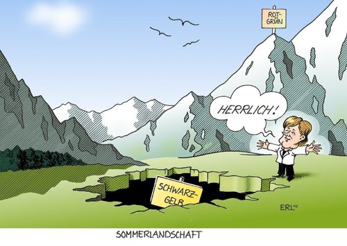 Cartoon: Sommerlandschaft (medium) by Erl tagged merkel,bundeskanzlerin,sommer,interview,umfrage,umfragewerte,tief,politik,hochzufrieden,schwarz,gelb,cdu,csu,fdp,mehrheit,rot,grün,angela merkel,bundeskanzlerin,bundekanzler,sommer,interview,umfrage,umfragewerte,tief,hochzufrieden,schwarz,gelb,cdu,csu,fdp,mehrheit,rot,grün,angela,merkel