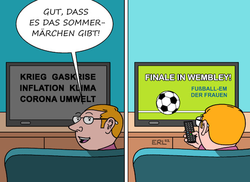 Cartoon: Sommermärchen (medium) by Erl tagged politik,sport,fußball,em,frauen,england,final,wembley,sommermärchen,ablenkung,krieg,gas,krise,inflation,klima,corona,umwelt,abschalten,umschalten,karikatur,erl,politik,sport,fußball,em,frauen,england,final,wembley,sommermärchen,ablenkung,krieg,gas,krise,inflation,klima,corona,umwelt,abschalten,umschalten,karikatur,erl