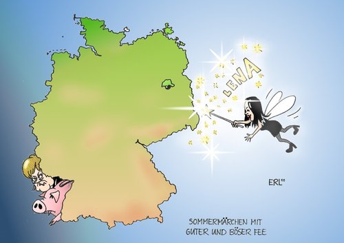 Cartoon: Sommermärchen (medium) by Erl tagged deutschland,sommermärchen,fee,gut,böse,lena,meyer,landrut,eurovision,song,contest,sieg,angela,merkel,sparschwein,einschnitte,lena meyer,landrut,eurovision song contest,siegerin,deutschland,europa,stier,begeisterung,zuneigung,eifersucht,lena,meyer,eurovision,song,contest,angela merkel,sommermärchen,angela,merkel