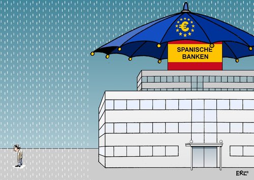 Cartoon: Spanien Rettungsschirm (medium) by Erl tagged spanien,bank,banken,krise,euro,rettungsschirm,bürger,regen,mann,frau,straße,spanien,bank,banken,krise,euro,rettungsschirm