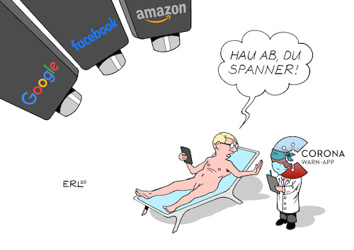 Cartoon: Spanner (medium) by Erl tagged politik,corona,virus,pandemie,coronaapp,app,smartphone,verfolgung,kontakte,infizierte,anonym,datenschutz,daten,angst,überwachung,preisgabe,google,facebook,amazon,nackt,karikatur,erl,politik,corona,virus,pandemie,coronaapp,app,smartphone,verfolgung,kontakte,infizierte,anonym,datenschutz,daten,angst,überwachung,preisgabe,google,facebook,amazon,nackt,karikatur,erl