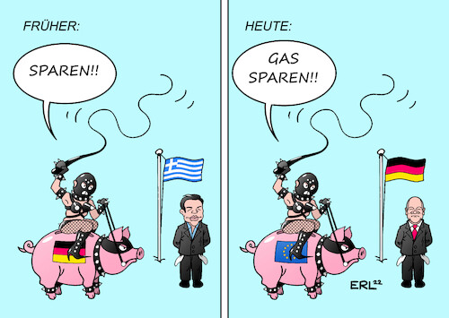 Cartoon: Sparen (medium) by Erl tagged politik,eu,sparen,früher,griechenland,schuldenkrise,bankenkrise,eurokrise,heute,deutschland,gas,gaskrise,tsipras,scholz,dommina,sparschwein,karikatur,erl,politik,eu,sparen,früher,griechenland,schuldenkrise,bankenkrise,eurokrise,heute,deutschland,gas,gaskrise,tsipras,scholz,dommina,sparschwein,karikatur,erl