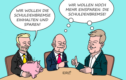 Cartoon: Sparwille (medium) by Erl tagged politik,ampel,spd,grüne,fdp,urteil,karlsruhe,haushalt,milliardenloch,verhandlungen,einigung,sparen,sparschwein,einhaltung,schuldenbremse,option,notlage,aussetzung,einsparung,lindner,scholz,habeck,karikatur,erl,politik,ampel,spd,grüne,fdp,urteil,karlsruhe,haushalt,milliardenloch,verhandlungen,einigung,sparen,sparschwein,einhaltung,schuldenbremse,option,notlage,aussetzung,einsparung,lindner,scholz,habeck,karikatur,erl