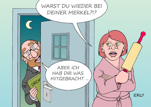 Cartoon: SPD-Basis II (medium) by Erl tagged politik,bundestagswahl,wahl,regierung,regierungsbildung,koalitionsverhandlungen,grosse,koalition,groko,cdu,csu,spd,partei,parteichef,vorsitzender,martin,schulz,umfragen,umfragetief,mitglieder,befragung,mitgliederbefragung,koalitionsvertrag,skepsis,heimkehr,mann,frau,nudelholz,geliebte,merkel,karikatur,erl,politik,bundestagswahl,wahl,regierung,regierungsbildung,koalitionsverhandlungen,grosse,koalition,groko,cdu,csu,spd,partei,parteichef,vorsitzender,martin,schulz,umfragen,umfragetief,mitglieder,befragung,mitgliederbefragung,koalitionsvertrag,skepsis,heimkehr,mann,frau,nudelholz,geliebte,merkel,karikatur,erl