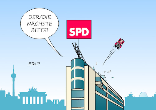 Cartoon: SPD-Tradition (medium) by Erl tagged politik,partei,spd,umfragetief,wahlniederlagen,rücktritt,andrea,nahles,parteivorsitz,fraktionsvorsitz,schleudersitz,sozialdemokraten,umgang,führungspersonal,tradition,karikatur,erl,politik,partei,spd,umfragetief,wahlniederlagen,rücktritt,andrea,nahles,parteivorsitz,fraktionsvorsitz,schleudersitz,sozialdemokraten,umgang,führungspersonal,tradition,karikatur,erl