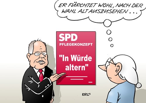 Cartoon: SPD Pflegekonzept (medium) by Erl tagged spd,kanzlerkandidat,peer,steinbrück,wahlkampf,schleppend,pannen,umfragetief,pflegekonzept,alt,altern,würde,spd,kanzlerkandidat,peer,steinbrück,wahlkampf,schleppend,pannen,umfragetief,pflegekonzept,alt,altern,würde