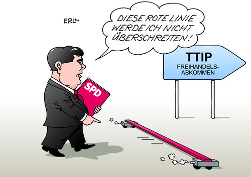 Cartoon: SPD TTIP (medium) by Erl tagged freihandelsabkommen,ttip,usa,eu,position,spd,rote,linie,parteichef,gabriel,verhandlungen,anhänger,positiv,einstellung,verbraucherschutz,umwelt,gesetz,aushöhlung,freihandelsabkommen,ttip,usa,eu,position,spd,rote,linie,parteichef,gabriel,verhandlungen,anhänger,positiv,einstellung,verbraucherschutz,umwelt,gesetz,aushöhlung