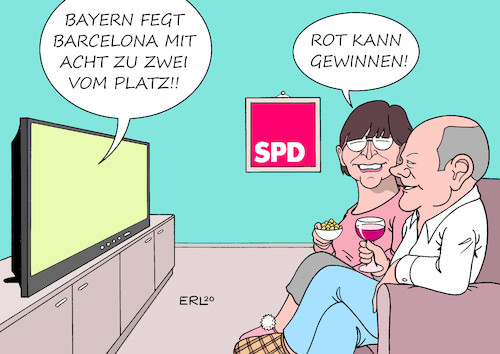 Cartoon: SPD Umfragehoch (medium) by Erl tagged politik,sport,fußball,champions,league,viertelfinale,fc,bayern,münchen,barcelona,sieg,hoch,verein,farbe,rot,spd,nominierung,kanzlerkandidat,olaf,scholz,umfragehoch,vorsitzende,saskia,esken,karikatur,erl,politik,sport,fußball,champions,league,viertelfinale,fc,bayern,münchen,barcelona,sieg,hoch,verein,farbe,rot,spd,nominierung,kanzlerkandidat,olaf,scholz,umfragehoch,vorsitzende,saskia,esken,karikatur,erl