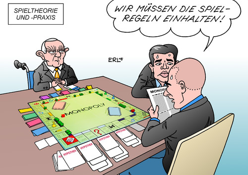 Cartoon: Spieltheorie (medium) by Erl tagged griechenland,krise,schulden,euro,kredit,hilfe,verlängerung,bedingung,reformen,sparkurs,regierung,tsipras,varoufakis,wahlversprechen,reformliste,schäuble,eu,ezb,iwf,troika,geld,finanzen,spieltheorie,wirtschaft,spiel,spielregeln,monopoly,karikatur,erl,griechenland,krise,schulden,euro,kredit,hilfe,verlängerung,bedingung,reformen,sparkurs,regierung,tsipras,varoufakis,wahlversprechen,reformliste,schäuble,eu,ezb,iwf,troika,geld,finanzen,spieltheorie,wirtschaft,wirtschaftswissenschaft,spiel,spielregeln,monopoly