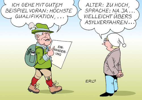 Cartoon: Spurwechsel Seehofer (medium) by Erl tagged politik,innenminister,horst,seehofer,csu,entwurf,zuwanderungsgesetz,einwanderungsgesetz,zuwanderung,einwanderung,gesetz,eckpunkte,qualifikation,alter,sprachkenntnisse,arbeitsplatz,asylbewerber,ausbildung,spurwechsel,asylverfahren,zuwanderungsverfahren,deutschland,fachkräfte,arbeitsmarkt,arbeit,karikatur,erl,politik,innenminister,horst,seehofer,csu,entwurf,zuwanderungsgesetz,einwanderungsgesetz,zuwanderung,einwanderung,gesetz,eckpunkte,qualifikation,alter,sprachkenntnisse,arbeitsplatz,asylbewerber,ausbildung,spurwechsel,asylverfahren,zuwanderungsverfahren,deutschland,fachkräfte,arbeitsmarkt,arbeit,karikatur,erl