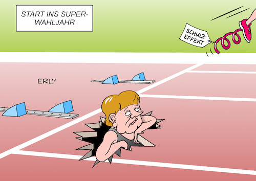 Cartoon: Start ins Superwahljahr (medium) by Erl tagged wahl,landtagswahl,saarland,test,start,superwahljahr,cdu,ministerpräsidentin,annegret,kramp,karrenbauer,bundeskanzlerin,angekla,merkel,spd,anke,rehlinger,kanzlerkandidat,martin,schulz,effekt,karikatur,erl,wahl,landtagswahl,saarland,test,start,superwahljahr,cdu,ministerpräsidentin,annegret,kramp,karrenbauer,bundeskanzlerin,angekla,merkel,spd,anke,rehlinger,kanzlerkandidat,martin,schulz,effekt,karikatur,erl