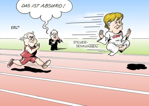 Cartoon: Steinbrück (medium) by Erl tagged wahlkampf,steinmeier,steinbrück,spd,cdu,merkel,steuern,steuersenkungen,absurd,wahlkampf,frank walter steinmeier,steinbrück,spd,cdu,angela merkel,steuern,steuer,wettlauf,wettkampf,wahl,wahlen,steuersenkungen,absurd,frank,walter,steinmeier,angela,merkel