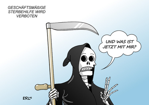 Cartoon: Sterbehilfe (medium) by Erl tagged sterbehilfe,sterben,tod,krankheit,alter,bundestag,gesetz,gewerbe,geschäft,verbot,sense,unsicherheit,karikatur,erl,sterbehilfe,sterben,tod,krankheit,alter,bundestag,gesetz,gewerbe,geschäft,verbot,sense,unsicherheit,karikatur,erl