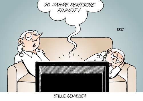 Cartoon: Stille Genießer (medium) by Erl tagged deutschland,einheit,wiedervereinigung,zwanzig,jahre,feier,feierlichkeit,desinteresse,fernsehen,schlaf,genuss,genießer,still,michel,ossi,wessi,ost,west,sofa,couch,ost,west,deutschland,ossi,wessi,oktober,deutsche einheit,wiedervereinigung,osten,westen,deutsche,einheit,landschaft,hannover,sachsen,wende