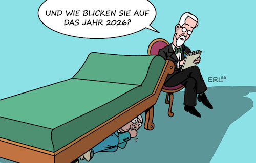 Cartoon: Stimmung am Boden (medium) by Erl tagged politik,neujahr,2026,stimmung,ängstlich,ausblick,pessimismus,psyche,psychoanalyse,couch,michel,karikatur,erl,politik,neujahr,2026,stimmung,ängstlich,ausblick,pessimismus,psyche,psychoanalyse,couch,michel,karikatur,erl