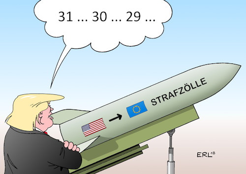 Cartoon: Strafzölle Aufschub I (medium) by Erl tagged politik,usa,präsident,donald,trump,rechtspopulismus,nationalismus,handelsbarrieren,strafzölle,stahl,aluminium,eu,reaktion,gegenmassnahmen,eskalation,handelskrieg,wirtschaft,handel,freihandel,geld,aufschub,countdown,rakete,bombe,europa,karikatur,erl,politik,usa,präsident,donald,trump,rechtspopulismus,nationalismus,handelsbarrieren,strafzölle,stahl,aluminium,eu,reaktion,gegenmassnahmen,eskalation,handelskrieg,wirtschaft,handel,freihandel,geld,aufschub,countdown,rakete,bombe,europa,karikatur,erl