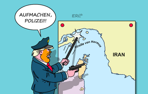 Cartoon: Straße von Hormus (medium) by Erl tagged politik,usa,trump,angriff,krieg,iran,blockade,straße,von,hormus,ultimatum,aufmachen,polizei,landkarte,karikatur,erl,politik,usa,trump,angriff,krieg,iran,blockade,straße,von,hormus,ultimatum,aufmachen,polizei,landkarte,karikatur,erl