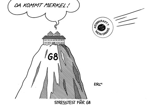 Cartoon: Stresstest für G8 (medium) by Erl tagged g8,gipfel,wirtschaft,politik,welt,probleme,atomausstieg,bundeskanzlerin,merkel,atomenergie,atomkraft,atomkraftwerk,stresstest,sicherheit,überprüfung