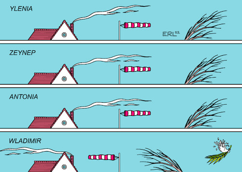 Cartoon: Stürme (medium) by Erl tagged politik,konflikt,russland,ukraine,westen,usa,eu,nato,präsident,wladimir,putin,truppen,grenze,gefahr,angriff,wetter,sturm,orkan,stürme,sturmtief,ylenia,zeynep,antonia,haus,baum,luftsack,friedenstaube,karikatur,erl,politik,konflikt,russland,ukraine,westen,usa,eu,nato,präsident,wladimir,putin,truppen,grenze,gefahr,angriff,wetter,sturm,orkan,stürme,sturmtief,ylenia,zeynep,antonia,haus,baum,luftsack,friedenstaube,karikatur,erl