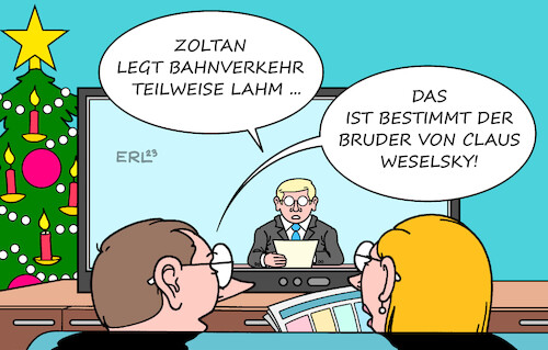 Cartoon: Sturmtief Zoltan (medium) by Erl tagged politik,wetter,weihnachten,sturm,sturmtief,zoltan,ausfälle,zugverkehr,bahnverkehr,bahn,lokführer,gewerkschaft,chef,claus,weselsky,urabstimmung,ankündigung,streik,streiks,karikatur,erl,politik,wetter,weihnachten,sturm,sturmtief,zoltan,ausfälle,zugverkehr,bahnverkehr,bahn,lokführer,gewerkschaft,chef,claus,weselsky,urabstimmung,ankündigung,streik,streiks,karikatur,erl