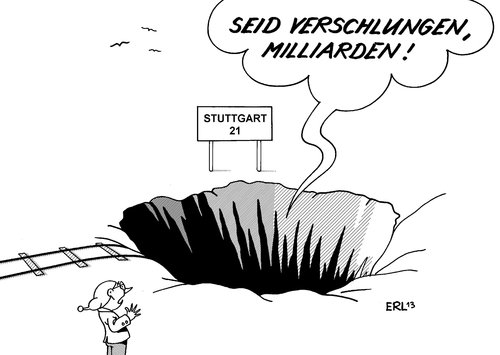 Cartoon: Stuttgart 21 (medium) by Erl tagged stuttgart21,bahnhof,tiefbahnhof,deutsche,bahn,kosten,kostenexplosion,milliarden,milliardenloch,verschlingen,gleise