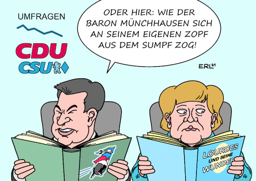 Cartoon: Suche nach der Trendwende (medium) by Erl tagged politik,wahl,bundestagswahl,2021,kanzlerkandidat,union,cdu,csu,armin,laschet,umfragen,absturz,umfragetief,wahlkampf,trendwende,angela,merkel,markus,söder,münchhausen,wunder,buch,karikatur,erl,politik,wahl,bundestagswahl,2021,kanzlerkandidat,union,cdu,csu,armin,laschet,umfragen,absturz,umfragetief,wahlkampf,trendwende,angela,merkel,markus,söder,münchhausen,wunder,buch,karikatur,erl