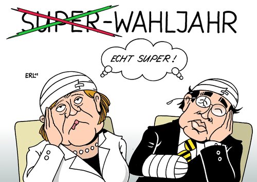 Cartoon: Super-Wahljahr (medium) by Erl tagged superwahljahr,wahl,landtagswahl,bürgerschaftswahl,bundesregierung,koalition,schwarz,gelb,niederlage,niederlagen,merkel,rösler,bundeskanzlerin,vizekanzler,wirtschaftsminister,vorsitz,cdu,fdp,partei,parteichef,superwahljahr,wahl,landtagswahl,bürgerschaftswahl,bundesregierung,koalition,schwarz,niederlage,niederlagen,merkel,rösler,vizekanzler,wirtschaftsminister,vorsitz,cdu,fdp,partei,parteichef