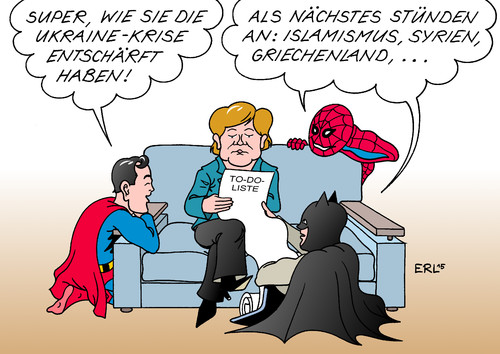 Cartoon: Superhelden unter sich (medium) by Erl tagged angela,merkel,diplomatie,ukraine,krise,krieg,ostukraine,entschärfen,heldin,superheld,superman,batman,spiderman,agenda,islamismus,syrien,griechenland,schulden,euro,banken,finanzen,karikatur,erl,angela,merkel,diplomatie,ukraine,krise,krieg,ostukraine,entschärfen,heldin,superheld,superman,batman,spiderman,agenda,islamismus,syrien,griechenland,schulden,euro,banken,finanzen