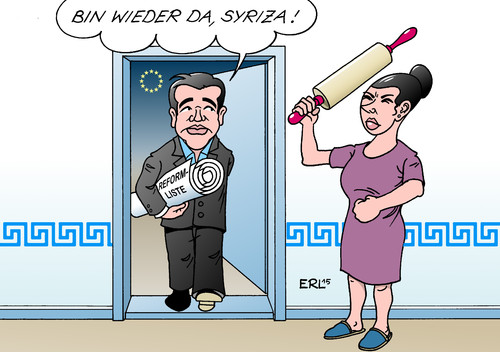 Cartoon: Syriza (medium) by Erl tagged griechenland,krise,schulden,euro,eu,streit,richtung,austerität,solidarität,eurozone,währungsunion,regeln,reformen,tsipras,heimkehr,syriza,partei,frau,nudelholz,karikatur,erl,griechenland,krise,schulden,euro,eu,streit,richtung,austerität,solidarität,eurozone,währungsunion,regeln,reformen,tsipras,heimkehr,syriza,partei,frau,nudelholz