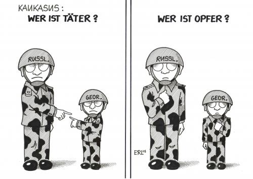 Cartoon: Täter und Opfer (medium) by Erl tagged kaukasus,abchasien,abschreckung,abspaltung,ausnahmezustand,autonomie,beitrittsversuch,bodenschatz,david,demokratisierung,dimitri sanakojew,diplomatie,dmitri medwedew,einmarsch,eskalation,fremdherrschaft,gas,gaslieferant,gaspipeline,gebietsanspruch,georgien,goliath,hilflos,kaukasuskonflikt,kolonialpolitik,kompromisse,konflikt,kontrolle,krieg,kriegszustand,michail saakaschwili,militär,mobilmachung,nato,nato beitritt,öllieferant,operettenarmee,panzer,pistole,provokation,putin,rakete,russland,schwarzmarkt,südossetien,südostsetien konflikt,territorium,tiflis,un,unabhängigkeit,unterstützung,verhandeln,verhandlungen,verhandlungstisch,waffen,waffenstillstand,waffenstillstandserklärung,waffenstillstandsvorschlag,waffenverkauf,wladimir,verwirrung,soldaten,täter,opfer,dimitri,sanakojew,dmitri,medwede,michail,saakaschwili,beitritt,südostsetien,medwedew